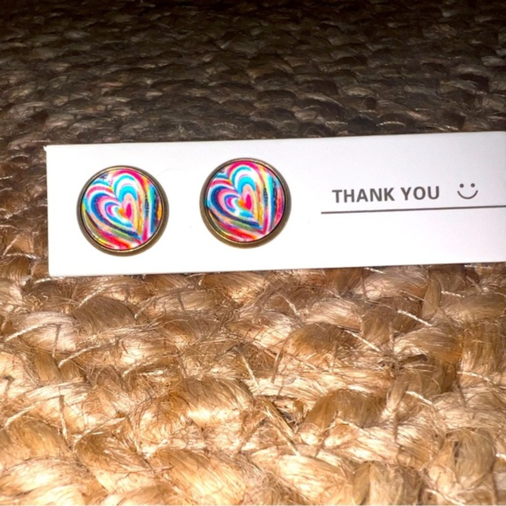 Bronze Metal Color - Multi color Heart Earrings